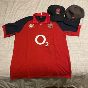 England Rugby bundle of shirt (size medium) and two hats.